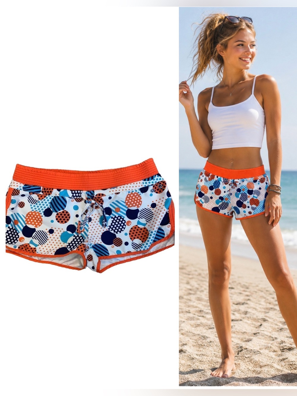 𝅺POWDER room orange blue polkadot circle board shorts Sz 9